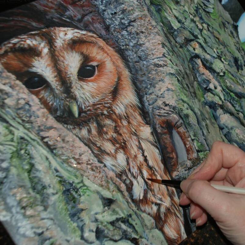 Acrylic painting of a Tawny Owl in a tree nook
